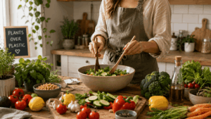 vegan nachhaltig kochen in der heimischen Küche mit frischem Gemüse
