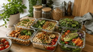 vegan nachhaltig vorbereitete Mahlzeiten in Vorratsdosen für die Woche
