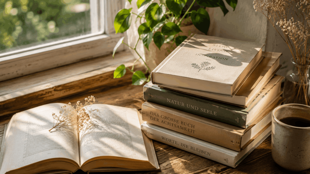 lesen-buecher-inspiration-buecherstapel- stack of books nightstand warm light | lesen, Bücher, Inspiration — Bücherstapel auf einem Nachttisch im warmen Licht