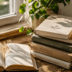 lesen-buecher-inspiration-buecherstapel- stack of books nightstand warm light | lesen, Bücher, Inspiration — Bücherstapel auf einem Nachttisch im warmen Licht