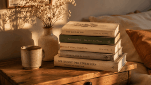 lesen-buecher-inspiration-buecherstapel- stack of books nightstand warm light | lesen, Bücher, Inspiration — Bücherstapel auf einem Nachttisch im warmen Licht